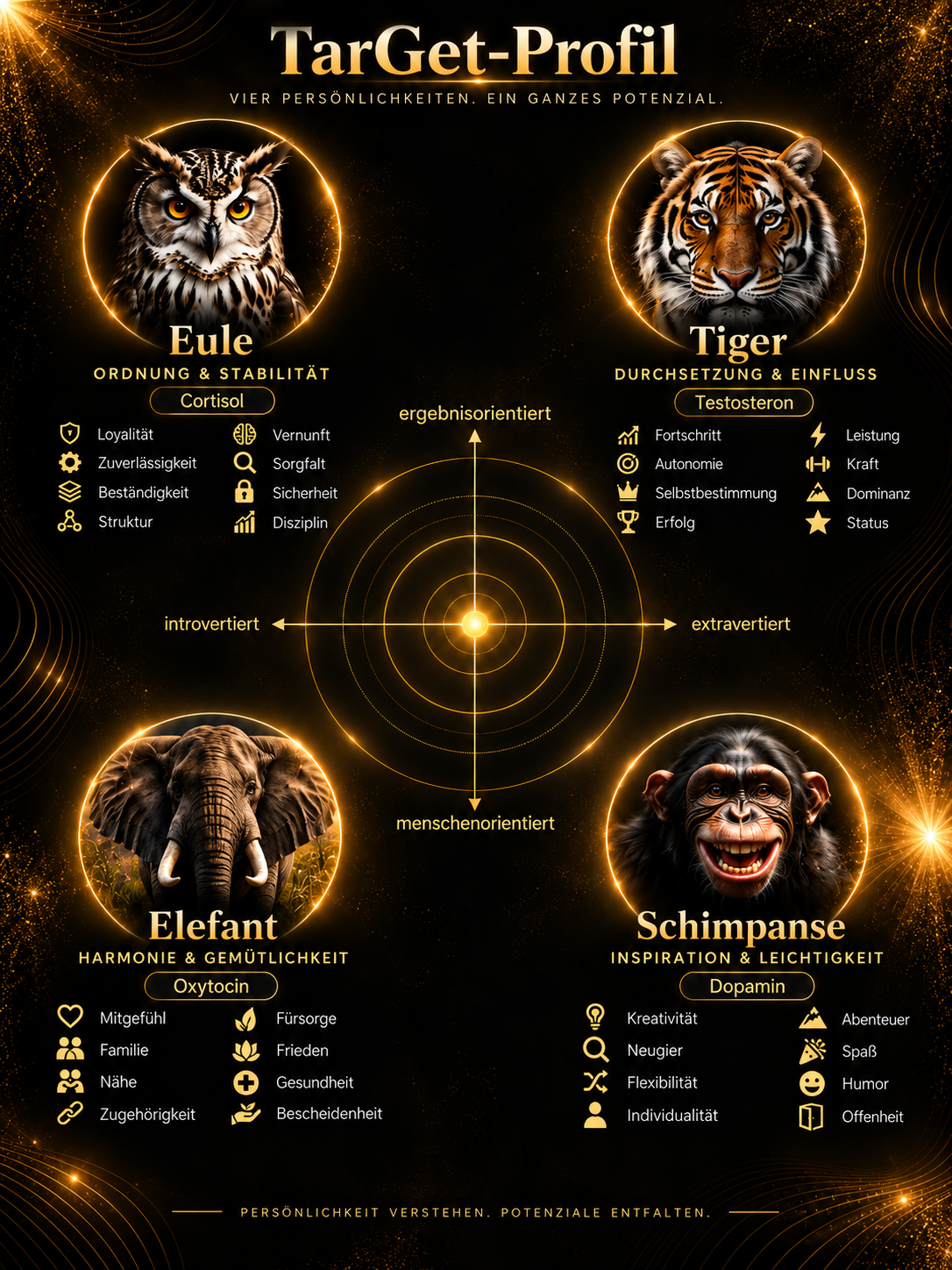 TarGet-Profil Modell mit Eule, Tiger, Elefant und Schimpanse